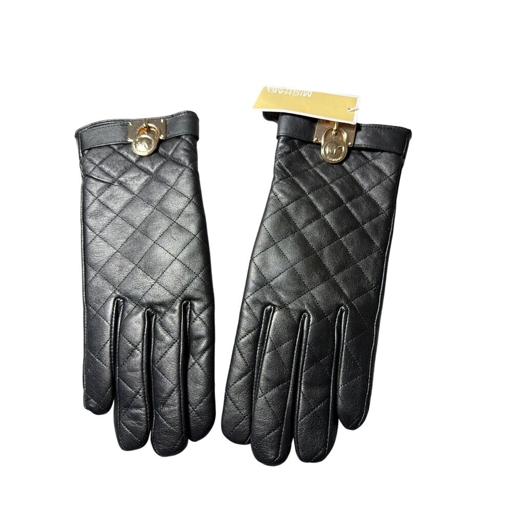 Michael Kors Quilted Hamilton Lock Leather Tech Smart Gloves Black Medium Womens